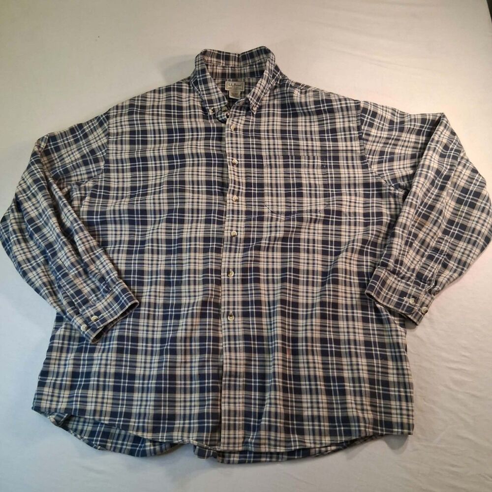 LL Bean Shirt Mens XXL Regular Plaid Flannel Button Down Long Sleeve Blue Crea